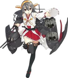Rule 34 | 10s, 1girl, black hair, boots, brown eyes, cannon, detached sleeves, full body, haruna (kancolle), headband, kantai collection, konishi (koconatu), nontraditional miko, official art, personification, skirt, smile, solo, standing, standing on one leg, thigh boots, thighhighs, transparent background
