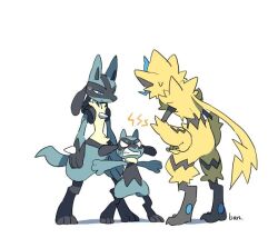 Rule 34 | anger vein, angry, bad id, bad twitter id, ban (ban62460424), black hair, blue eyes, claws, creatures (company), evolutionary line, furry, game freak, gen 4 pokemon, gen 7 pokemon, legendary pokemon, legs, lucario, mythical pokemon, nintendo, pokemon, pokemon (creature), riolu, simple background, spikes, standing, sweat, white background, zeraora