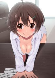 Rule 34 | 1girl, absurdres, ahoge, bent over, blush, brave witches, breasts, brown eyes, brown hair, cleavage, closed mouth, hair ornament, hairclip, harurukan, highres, indoors, karibuchi hikari, large breasts, looking at viewer, shirt, short hair, smile, solo, white shirt, window, world witches series