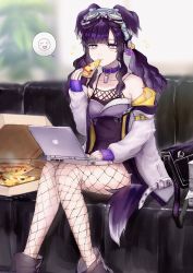 1girl, absurdres, animal ears, bag, blue archive, collarbone, computer, dog ears, dog tail, eating, fishnet legwear, fishnets, food, goggles, goggles on head, grey eyes, hibiki (blue archive), highres, jacket, laptop, medium hair, pantyhose, pizza, pizza box, purple hair, sitting, smiley face, solo, tail
