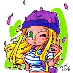 Rule 34 | 1girl, blonde hair, blush, breasts, digimon, digimon frontier, hat, long hair, lowres, navel, one eye closed, orimoto izumi, wink