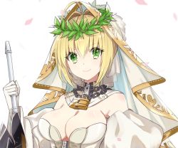 Rule 34 | 10s, 1girl, aestus estus, blonde hair, breasts, chain, cleavage, closed mouth, detached sleeves, fate/extra, fate/extra ccc, fate/grand order, fate (series), gloves, green eyes, hair between eyes, hair intakes, holding, holding sword, holding weapon, large breasts, lock, looking at viewer, nero claudius (bride) (fate), nero claudius (bride) (third ascension) (fate), nero claudius (fate), nero claudius (fate) (all), padlock, petals, portrait, sidelocks, simple background, smile, solo, sword, tong1494, upper body, weapon, white background, white gloves, wreath, zipper