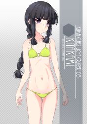 Rule 34 | 1girl, alternate breast size, bikini, black eyes, black hair, blunt bangs, braid, character name, checkered background, commentary request, cowboy shot, flat chest, gluteal fold, gradient background, grey background, hair ribbon, highres, inaba shiki, kantai collection, kitakami (kancolle), long hair, lowleg, lowleg bikini, o-ring, o-ring bikini, ribbon, sidelocks, single braid, solo, swimsuit, tress ribbon, yellow bikini