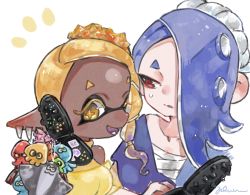 Rule 34 | 2girls, :d, bare shoulders, big man (splatoon), blonde hair, blue hair, breasts, cellphone, chest sarashi, colored eyelashes, colored tongue, cross-shaped pupils, dark-skinned female, dark skin, earrings, flip phone, food, food on head, frye (splatoon), hachimaki, hair over one eye, headband, highres, holding, holding phone, inkling, inkling player character, jellyfish (splatoon), jewelry, long hair, looking at another, medium breasts, multicolored hair, multiple earrings, multiple girls, nejiri hachimaki, nintendo, object on head, octoling, open mouth, phone, plum0o0, pointy ears, purple hair, purple tongue, red eyes, sarashi, see-through, shiver (splatoon), sleeveless, smile, splatoon (series), splatoon 3, suction cups, symbol-shaped pupils, tempura, tentacle hair, too many, turtleneck, two-tone hair, yellow eyes, yellow pupils