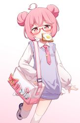 Rule 34 | 1girl, ahoge, badge, bag, blouse, blush, bow, bread slice, brown background, button badge, double bun, egg (food), food, food in mouth, fried egg, glasses, gradient background, hair bun, hair ornament, hairclip, heart, heart ahoge, highres, long sleeves, looking at viewer, mouth hold, original, pink hair, puffy long sleeves, puffy sleeves, red-framed eyewear, red bow, red eyes, semi-rimless eyewear, setmen, shirt, shoes, sleeves past wrists, solo, standing, standing on one leg, sweater vest, thighhighs, toast, toast in mouth, under-rim eyewear, white background, white footwear, white shirt, white thighhighs