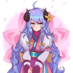 Rule 34 | 1girl, ahoge, alternate eye color, alternate hair color, alternate hairstyle, blue hair, blush, braid, curled horns, ekrgns12, fingerless gloves, flower, fur (clothing), gloves, hair between eyes, hair flower, hair ornament, holding, horns, kindred (league of legends), lamb (league of legends), league of legends, long hair, looking at viewer, official alternate costume, official alternate hairstyle, pink eyes, pink theme, ribbon, side braid, simple background, solo, spirit blossom kindred, twin braids, twintails, white fur