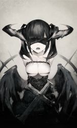 Rule 34 | 1girl, absurdres, arms behind back, black blindfold, black bra, black hair, black horns, black wings, blindfold, bra, breasts, chain, chained, commentary, covered eyes, cross, english commentary, facing viewer, fang, greyscale, gyup, highres, horns, large breasts, medium hair, monochrome, no shirt, open mouth, original, sidelocks, skin fang, solo, twintails, underwear, wings