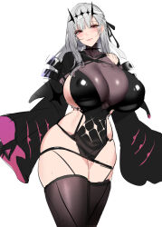 Rule 34 | 1girl, black dress, black gloves, black ribbon, black thighhighs, blush, breasts, chixiao, cleavage, closed mouth, clothing cutout, detached sleeves, diadem, dress, gloves, goddess of victory: nikke, grey hair, hair ribbon, huge breasts, long hair, marian (nikke), modernia (nikke), modernia (second affection) (nikke), navel cutout, pussy juice, red eyes, ribbon, see-through, see-through cleavage, simple background, skindentation, smile, solo, thighhighs, thighs, white background, wide hips, wide sleeves