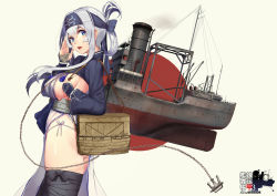 Rule 34 | 10s, 1girl, ainu clothes, akasaai, anchor, ass, bag, basket, black thighhighs, blue eyes, breasts, chain, commentary request, cowboy shot, dress, dutch angle, fingerless gloves, from side, gloves, grey eyes, hair between eyes, hairband, hands up, headband, heart, highres, japanese clothes, kamoi (kancolle), kantai collection, large breasts, looking at viewer, obi, open mouth, panties, rigging, sash, short hair with long locks, shoulder bag, side-tie panties, side slit, sideboob, sidelocks, smile, solo, string panties, tabard, thick eyebrows, thighhighs, thighs, underbust, underwear, white hair