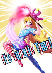 Rule 34 | 0-den, 1girl, absurdres, american flag legwear, arm up, blonde hair, breasts, clownpiece, english text, gradient background, hand up, hat, highres, jester cap, jpeg artifacts, leg up, long hair, looking at viewer, looking to the side, open mouth, pantyhose, purple eyes, short sleeves, small breasts, solo, striped, striped background, sunburst, teeth, tongue, torch, touhou, very long hair