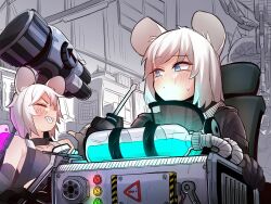 Rule 34 | 2girls, animal ears, bare shoulders, blue eyes, cable, chain, collarbone, engineer, gas mask, gloves, hammer, highres, holding, holding hammer, holding screwdriver, looking at another, mask, mask around neck, mouse ears, mouse girl, multiple girls, original, screwdriver, sharp teeth, sign, smile, sung08ko, sweatdrop, teeth, toolbox, tools, warning sign, white hair, workshop, wrench