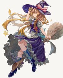 Rule 34 | 1girl, absurdres, apron, blonde hair, blue footwear, blue hat, blue skirt, blue socks, blue vest, boots, bow, braid, broom, broom riding, commentary request, cross-laced footwear, frilled skirt, frills, full body, grin, hair between eyes, hair bow, hand up, hat, hat bow, highres, kirisame marisa, long hair, mini-hakkero, puffy short sleeves, puffy sleeves, purple hat, red bow, shirt, short sleeves, single braid, skirt, smile, socks, solo, star (symbol), touhou, traditional media, uten kkk, vest, white apron, white shirt, witch hat, yellow eyes, yin yang