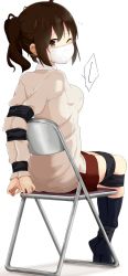 Rule 34 | ahoge, bdsm, black socks, blouse, bondage, bound, brown eyes, brown hair, chair, covered mouth, full body, gag, grey shirt, hoojiro (found1093), improvised gag, kneehighs, miniskirt, no shoes, shirt, simple background, skirt, socks, solo, tape, tape bondage, tape gag, twintails, white background