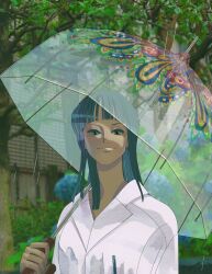 Rule 34 | 1girl, bad id, bad twitter id, blue eyes, blunt bangs, blunt ends, close-up, commentary request, highres, holding, holding umbrella, korean commentary, looking at viewer, medium hair, mulmulgogibbq, nico robin, one piece, rain, real life insert, shirt, smile, solo, tree, umbrella, white shirt