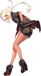 Rule 34 | 1girl, ass, black footwear, black jacket, black shorts, blonde hair, closed mouth, commentary request, from behind, full body, gun, hair between eyes, hand in pocket, handgun, high heels, highres, jacket, leaning forward, long hair, looking at viewer, looking back, low ponytail, mochi faiya, open clothes, open jacket, original, platform footwear, platform heels, ponytail, puffy short sleeves, puffy sleeves, red eyes, short shorts, short sleeves, shorts, simple background, solo, tan, very long hair, weapon, white background