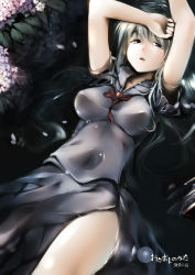 Rule 34 | 1girl, bad id, bad pixiv id, blue eyes, breasts, cherry blossoms, cofepig, dress, female focus, grey dress, kamishirasawa keine, long hair, plant, silver hair, solo, submerged, touhou, water