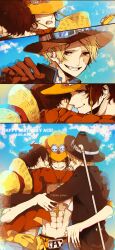 3boys ^_^ abs achpyu black_coat black_shirt blonde_hair blue_shirt blue_sky brothers brown_gloves closed_eyes coat commentary_request gloves goggles goggles_on_headwear happy_tears hat highres hug male_focus monkey_d._luffy multiple_boys one_piece orange_hair portgas_d._ace red_shirt sabo_(one_piece) sash scar scar_on_face shirt siblings sky smile straw_hat tears topless_male yellow_sash