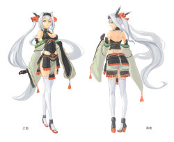 Rule 34 | 1girl, arm guards, armor, back, bare shoulders, breasts, cleavage, cleavage cutout, closed mouth, clothing cutout, crossed legs, floating hair, fringe trim, from behind, full body, gloves, green eyes, hair between eyes, hair intakes, hair ribbon, hairband, hakuryuu (aircraft carrier), halterneck, headgear, high heels, japanese armor, japanese clothes, kantai collection, kneepits, light smile, long hair, looking at viewer, looking back, medium breasts, multiple views, off shoulder, pacific (kancolle), pelvic curtain, profile, ribbon, ribbon-trimmed legwear, ribbon trim, sandals, sidelocks, sima naoteng, simple background, smile, standing, tassel, thighhighs, turnaround, turtleneck, very long hair, watson cross, white background, white hair, white thighhighs, wide sleeves, world of warships