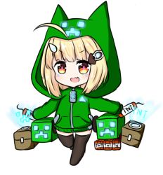 Rule 34 | 1girl, :d, ahoge, animal ears, animal hood, azur lane, bailingxiao jiu, black thighhighs, blonde hair, blush, creeparka, creeper, crossover, eldridge (azur lane), explosive, facial mark, fake animal ears, fang, full body, green jacket, hair ornament, hairclip, hood, hood up, hooded jacket, jacket, long hair, long sleeves, minecraft, no shoes, open mouth, red eyes, simple background, sleeves past fingers, sleeves past wrists, smile, solo, standing, standing on one leg, thighhighs, tnt, tnt block (minecraft), white background