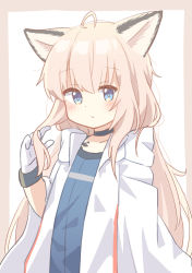 Rule 34 | 1girl, absurdres, ahoge, alternate hair length, alternate hairstyle, animal ear fluff, animal ears, arknights, black choker, blue eyes, blue shirt, blush, brown background, choker, closed mouth, collarbone, gloves, hair between eyes, highres, jacket, light brown hair, long hair, long sleeves, looking at viewer, open clothes, open jacket, ryoku sui, shirt, solo, sussurro (arknights), two-tone background, very long hair, white background, white gloves, white jacket, wide sleeves