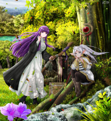 Rule 34 | 2girls, absurdres, against tree, black coat, black footwear, black pantyhose, blunt bangs, boots, capelet, closed mouth, coat, cut bangs, dangle earrings, dated, day, dress, earrings, elf, fern (sousou no frieren), flower, forest, frieren, green eyes, highres, holding, holding staff, jewelry, long hair, long sleeves, looking at viewer, mage staff, mountain, multiple girls, nature, nihility, outdoors, panties, panties under pantyhose, pantyhose, parted lips, pointy ears, purple eyes, purple hair, river, shirt, signature, sitting, sousou no frieren, staff, standing, straight hair, tree, underwear, upskirt, white capelet, white dress, white panties, white shirt