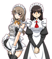 Rule 34 | 2girls, alternate costume, apron, armband, ascot, black dress, black eyes, black hair, blunt bangs, blush, bow, bowtie, brown eyes, brown hair, closed mouth, collared dress, commentary request, detached collar, dress, enmaided, frilled armband, frilled dress, frills, frown, girls und panzer, gloves, juliet sleeves, long dress, long hair, long sleeves, looking at viewer, maid, maid apron, maid headdress, mature female, multiple girls, nishizumi shiho, oosaka kanagawa, orange bow, orange bowtie, partial commentary, puffy sleeves, red ascot, shimada chiyo, short dress, side-by-side, simple background, smile, standing, straight hair, strapless, strapless dress, sweatdrop, v arms, white apron, white background, white gloves, wing collar