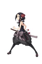 Rule 34 | 1girl, bare shoulders, black eyes, black hair, black legwear, bow, breasts, eyebrows, flower, full body, grey bow, hair flower, hair ornament, highres, katana, legs apart, looking at viewer, official art, princess principal, princess principal game of mission, sandals, short hair, sleeveless, small breasts, solo, standing, sword, toudou chise, transparent background, weapon, wide stance