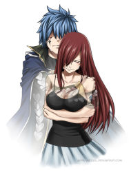 Rule 34 | 1boy, 1girl, arya-aiedail, black shirt, blue hair, blue skirt, breasts, cleavage, collarbone, crossed arms, crying, deviantart username, erza scarlet, closed eyes, facial tattoo, fairy tail, hair over eyes, hair over one eye, hetero, hug, hug from behind, jellal fernandes, large breasts, long hair, pleated skirt, red hair, shirt, simple background, skirt, sleeveless, spiked hair, standing, tattoo, tears, transparent, white background