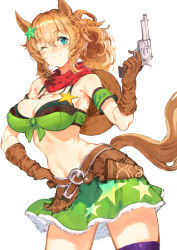 Rule 34 | 1girl, animal ears, arm garter, armband, bandana, bandeau, belt, blush, breasts, brown gloves, brown hair, cleavage, closed mouth, codename47, cowboy shot, gloves, green armband, green skirt, gun, hair ornament, hand on own hip, hand up, handgun, highres, holding, holding gun, holding weapon, horse ears, horse girl, horse tail, jewelry, large breasts, looking at viewer, medium hair, navel, necklace, on one knee, ponytail, revolver, simple background, skirt, smile, solo, star (symbol), star hair ornament, taiki shuttle (umamusume), tail, thighhighs, umamusume, weapon, white background
