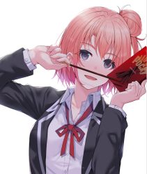 Rule 34 | 1girl, :d, food, grey eyes, hair bun, holding, holding food, long sleeves, looking at viewer, open mouth, pink hair, pocky, pocky day, red ribbon, ribbon, rumeha (aormsj22), school uniform, simple background, single hair bun, smile, solo, upper body, white background, yahari ore no seishun lovecome wa machigatteiru., yuigahama yui