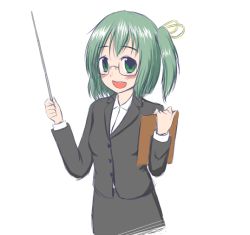 Rule 34 | 1girl, bespectacled, clipboard, contemporary, daiyousei, dress shirt, edamame (barium), female focus, glasses, green eyes, green hair, hair ribbon, matching hair/eyes, open mouth, pencil skirt, pointer, ribbon, shirt, side ponytail, simple background, skirt, smile, solo, teacher, touhou, upper body, white background