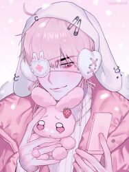 Rule 34 | 1boy, animal hat, closed mouth, eyepatch, gyuing666, hat, highres, holding, holding phone, holding stuffed toy, jacket, jewelry, looking at phone, male focus, one eye covered, open clothes, open jacket, original, phone, pink eyes, pink hair, pink jacket, ring, short hair, solo, stuffed animal, stuffed toy, sweater, twitter username, white sweater