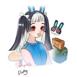 Rule 34 | 1girl, absurdres, animal crossing, animal ears, artist name, black hair, bow, bread slice, character name, dotty (animal crossing), food, highres, long hair, multicolored hair, nintendo, open mouth, personification, rabbit, rabbit ears, red eyes, sodaparilla, solo, toast, twintails, two-tone hair, white background, white hair