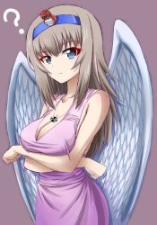 Rule 34 | 10s, 1girl, ?, angel wings, blue eyes, blue hairband, breast hold, breasts, cleavage, clenched hands, closed mouth, commentary request, crossed arms, dress, emblem, frown, fujimaru arikui, girls und panzer, grey background, hairband, itsumi erika, jewelry, kuromorimine (emblem), long hair, looking at viewer, medium breasts, name connection, necklace, partial commentary, purple dress, silver hair, simple background, sleeveless, sleeveless dress, solo, standing, white wings, wings