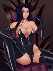 Rule 34 | 1girl, bare shoulders, battletoads, black hair, black legwear, breasts, bursting breasts, cape, cleavage, cleavage cutout, clothing cutout, collar, curvy, dark queen, dominatrix, elbow gloves, eyeshadow, gloves, hair over one eye, highres, jewelry, large breasts, latex, latex gloves, leotard, lipstick, long hair, looking at viewer, makeup, parted lips, rareware, ring, silent-fly, sitting, solo, spread legs