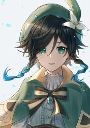 Rule 34 | 1boy, androgynous, beret, black hair, blue hair, bow, braid, brooch, cape, chenjiyan y, collared cape, collared shirt, commentary request, dated, eyes visible through hair, flower, gem, genshin impact, gradient hair, green cape, green eyes, green hat, hat, hat flower, highres, jewelry, leaf, looking at viewer, male focus, multicolored hair, open mouth, shirt, short hair with long locks, side braids, sidelocks, smile, solo, twin braids, twitter username, venti (genshin impact), white background, white flower, white shirt