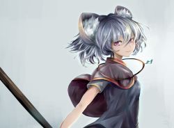 Rule 34 | 1girl, animal ears, capelet, dowsing rod, grey shirt, houdukixx, jewelry, looking at viewer, mouse ears, nazrin, pendant, pink eyes, shirt, short sleeves, silver hair, smile, solo, touhou, upper body