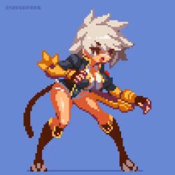 Rule 34 | 1girl, animated, animated gif, blazblue, blue background, bouncing breasts, breasts, brown eyes, bullet (blazblue), female focus, grey hair, large breasts, legs, leotard, open mouth, pixel art, sakuemon, shiny skin, short hair, solo, standing, tail, thick thighs, thighs