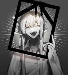 Rule 34 | 1girl, ^ ^, blurry, bow, closed eyes, collared shirt, depth of field, fujiwara no mokou, fuuga (perv rsity), greyscale, hair bow, hand up, holding, holding frame, iei, light blush, long hair, monochrome, open mouth, popped collar, raised eyebrows, shirt, sidelocks, sleeves rolled up, smile, solo, sunburst, suspenders, touhou, upper body