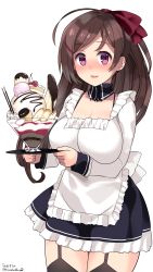 Rule 34 | 10s, 1girl, ahoge, apron, black thighhighs, blush, bow, breasts, brown hair, cleavage, curvy, female focus, food, garter straps, hair bow, hair ornament, hair ribbon, hairclip, highres, ice cream, impossible clothes, kantai collection, kappougi, kuro chairo no neko, large breasts, long hair, looking at viewer, mamiya (kancolle), miniskirt, open mouth, ponytail, purple eyes, ribbon, simple background, skirt, smile, solo, thick thighs, thighhighs, thighs, wide hips, zettai ryouiki