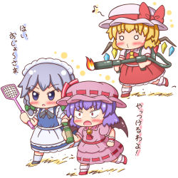 Rule 34 | 3girls, apron, ascot, bat wings, blonde hair, blue hair, blush, bow, braid, brooch, chibi, dress, flamethrower, flandre scarlet, full body, grouse01, hat, hat bow, hat ribbon, holding, izayoi sakuya, jewelry, knife, maid headdress, mob cap, multiple girls, musical note, o3o, open mouth, pink dress, purple hair, red eyes, remilia scarlet, ribbon, running, short hair, short sleeves, simple background, skirt, skirt set, touhou, translation request, waist apron, weapon, white background, wings
