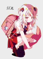 Rule 34 | 1girl, backpack, bag, bloop (gawr gura), blush, fins, fish tail, gawr gura, hair ornament, highres, holding, hololive, hololive english, ichijo rei, looking at viewer, medium hair, multicolored hair, ribbon, school uniform, shark girl, shark hair ornament, shark tail, shoes, skirt, smile, socks, solo, streaked hair, tail, thighs, virtual youtuber, white background