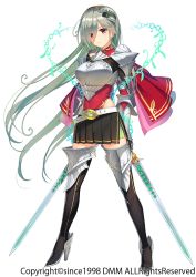 Rule 34 | 1girl, armor, armored dress, belt, black footwear, black skirt, boots, cape, dual wielding, expressionless, flower knight girl, full body, grey hair, hairband, high heel boots, high heels, holding, holding sword, holding weapon, iltusa, kinusaya (flower knight girl), leotard, long hair, looking at viewer, official art, pleated skirt, red cape, red eyes, red leotard, simple background, skirt, solo, standing, sword, thigh boots, thighhighs, weapon, white background, zettai ryouiki