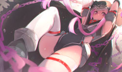 Rule 34 | 1girl, arms up, black cloak, black footwear, black leotard, blurry, blurry foreground, chain, cloak, closed mouth, commentary request, covered navel, depth of field, fate/grand order, fate (series), hood, hood up, hooded cloak, leotard, long hair, looking at viewer, medusa (fate), medusa (lancer) (fate), medusa (rider) (fate), pink hair, purple eyes, revision, rider, sidelocks, solo, thighhighs, torn cloak, torn clothes, tostos, very long hair, white thighhighs
