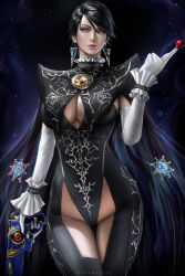 Rule 34 | 1girl, absurdres, artist name, bayonetta, bayonetta (series), bayonetta 2, black hair, blue eyes, breasts, candy, closed mouth, commentary, earrings, elbow gloves, food, frills, gloves, gun, hand up, handgun, highres, holding, holding weapon, jewelry, leotard, lips, lipstick, lollipop, looking at viewer, makeup, mole, mole under mouth, short hair, simple background, skin tight, solo, thighs, trigger discipline, weapon, wtparadise