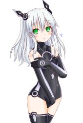 Rule 34 | 10s, 1girl, alternate hairstyle, black gloves, black sister, black thighhighs, blush, body blush, bodysuit, choujigen game neptune mk2, covering breasts, covering crotch, covering privates, cowboy shot, elbow gloves, embarrassed, emblem, flat chest, flying sweatdrops, from side, gloves, green eyes, hair between eyes, hair down, hair ornament, halterneck, highres, langley1000, leotard, long hair, looking at viewer, magical girl, neptune (series), open mouth, power symbol, power symbol-shaped pupils, raised eyebrows, simple background, solo, symbol-shaped pupils, thighhighs, turtleneck, uni (neptunia), white background, white hair