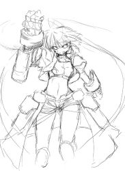 Rule 34 | 00s, 1girl, cropped legs, gauntlets, greyscale, knee pads, long hair, looking at viewer, lyrical nanoha, mahou shoujo lyrical nanoha, mahou shoujo lyrical nanoha strikers, midriff, monochrome, navel, open fly, revealing clothes, revolver knuckle, short shorts, shorts, simple background, sketch, solo, standing, stomach, subaru nakajima, uka, very long hair, white background