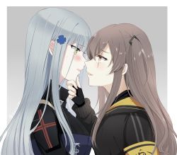 Rule 34 | 2girls, armband, bad id, bad pixiv id, black gloves, black jacket, blunt bangs, blush, border, breasts, brown eyes, brown hair, clenched teeth, clothes writing, commentary request, eye contact, fingerless gloves, from side, girls&#039; frontline, gloves, green eyes, grey background, hair ornament, hand on another&#039;s chin, highres, hk416 (girls&#039; frontline), jacket, long hair, long sleeves, looking at another, medium breasts, multiple girls, one side up, outside border, parted lips, profile, scar, scar across eye, scar on face, sidelocks, silver hair, simple background, smile, sui (camellia), teeth, ump45 (girls&#039; frontline), white border, yuri