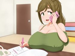 Rule 34 | 1girl, absurdres, animated, black hair, book, breasts, bug, carrot caramel batake (artist), cellphone, covered erect nipples, green eyes, green hair, highres, holding, holding pen, holding pencil, huge breasts, indoors, inuyama aoi, light blush, nipples, pen, pencil, phone, sagging, smartphone, solo, tagme, talking on phone, video, writing, yurucamp