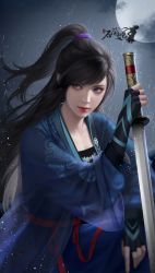 Rule 34 | 1girl, absurdres, black hair, chinese clothes, closed mouth, cloud, dark clouds, fingerless gloves, gloves, hanfu, hei yu xing cheng, highres, long hair, long sleeves, looking to the side, moon, night, ponytail, qinshi mingyue, rain, reverse grip, second-party source, shi lan (qin shi ming yue), sitting, solo, sword, upper body, weapon